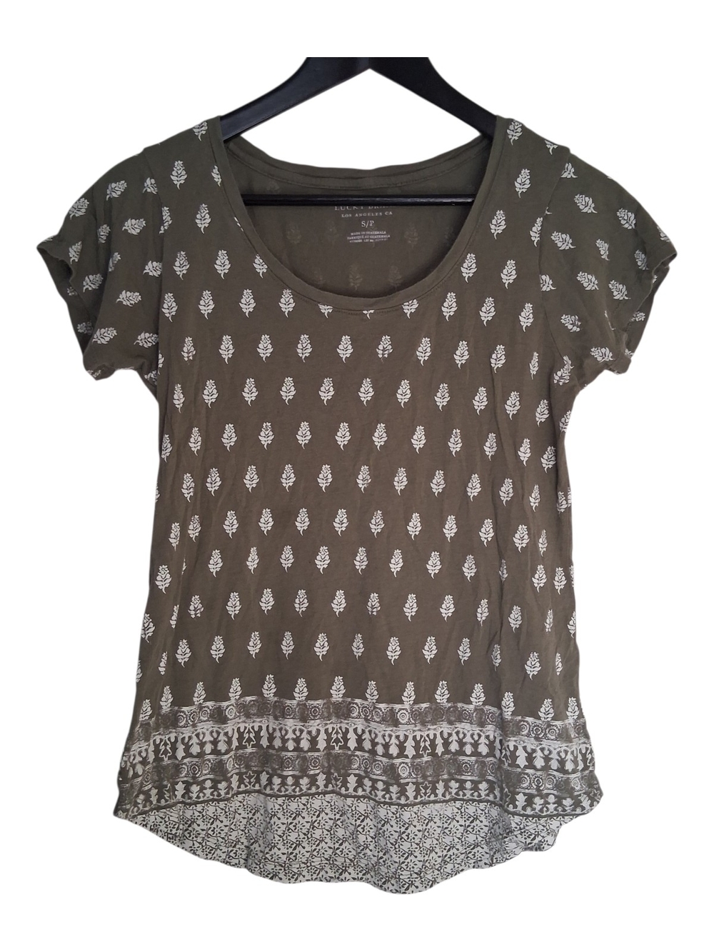 Lucky Brand Olive Green Floral Boho Tee Cotton Modal Size Small